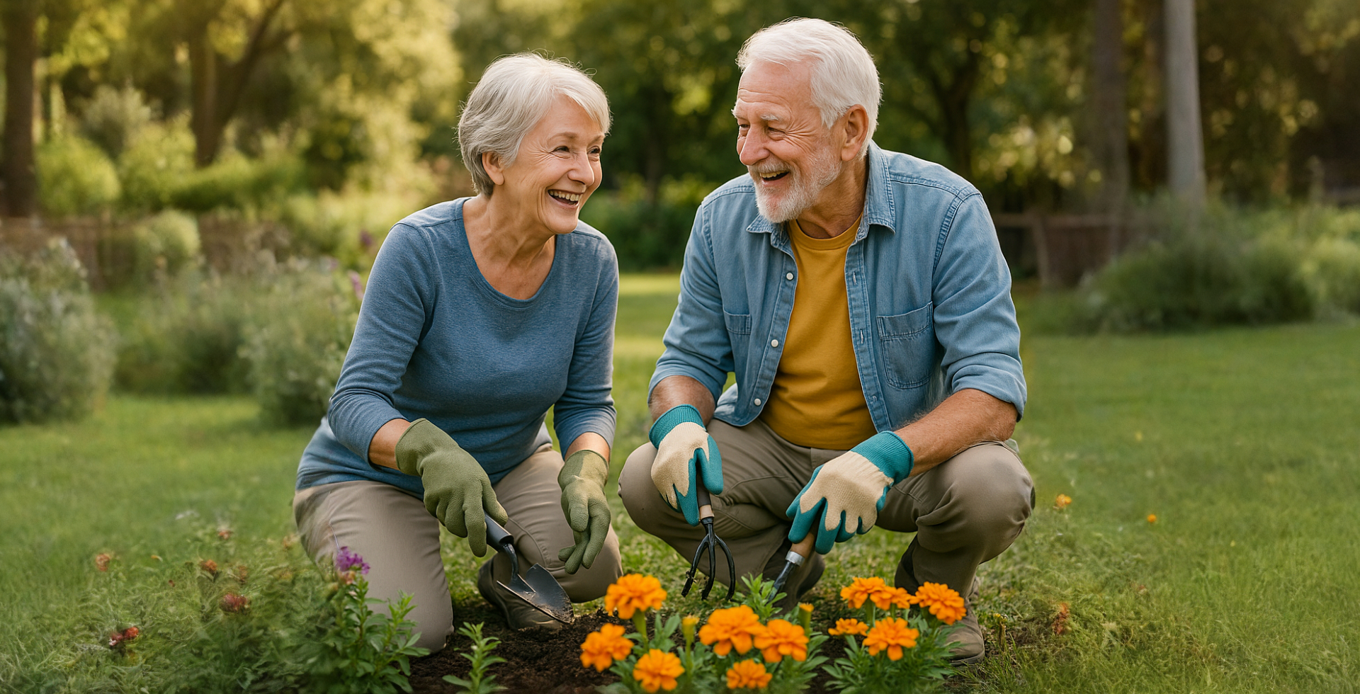 Doi bătrâni fericiți grădinărind